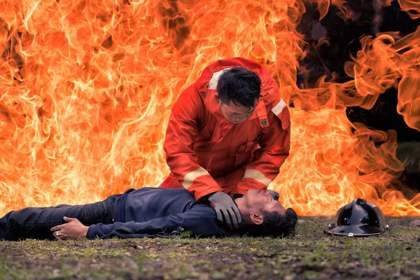 CPR training in  fire accident simulation