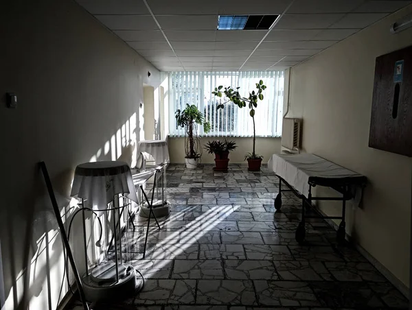 Parlak aydınlanmış bir koridor duvarları ve camın iç mekan bitkileri karşı farklı tıbbi malzeme ile hastanede.