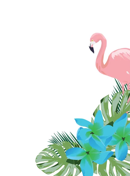 Vektorillustration Flamingo Och Blå Tropiska Blommor — Stock vektor