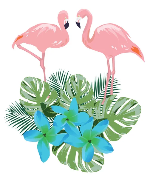 Vektorillustration Flamingo Och Blå Tropiska Blommor — Stock vektor