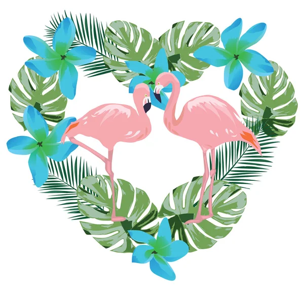 Vektor Illustration Flamingo Blå Tropiska Blommor Och Palm Lämnar Form — Stock vektor