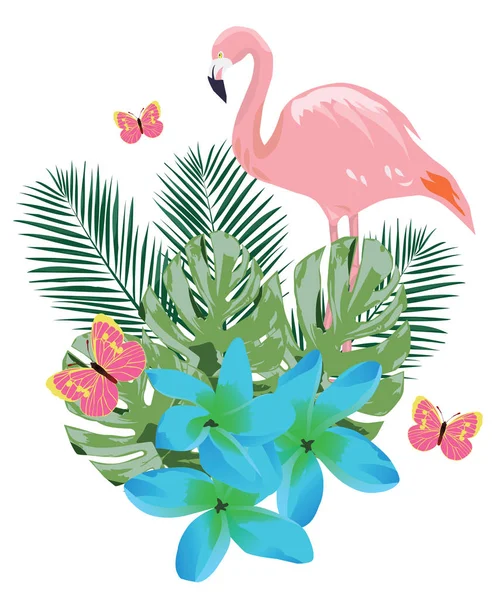 Illustrazione Vettoriale Fenicottero Fiori Tropicali Blu Farfalle Rosa — Vettoriale Stock
