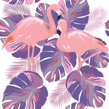 sorunsuz tropikal arka plan flamingolar, tropikal yaprak vektör Illustration. Ultra mor renk doku arka plan. 