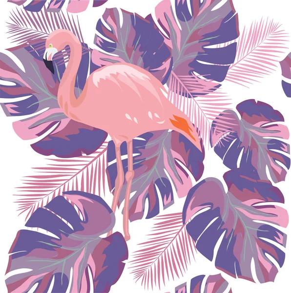 Ilustração Vetorial Flamingos Fundo Tropical Sem Costura Folhas Tropicais Textura — Vetor de Stock