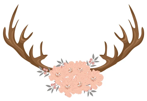 Vector Illustration Deer Antlers Decorated Flowers — Stock Vector