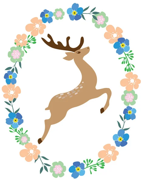 Vector Illustration Deer Floral Frame — Stock Vector