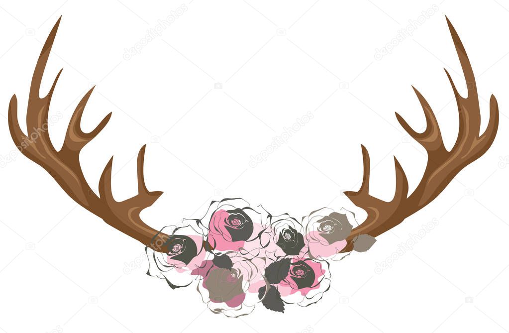 Vector illustration of deer antlers decorated with flowers.