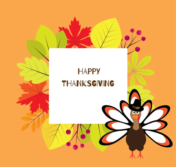 Vector Illustration Thanksgiving Background Fall Leaves Frame Turkey Bird — Stock Vector