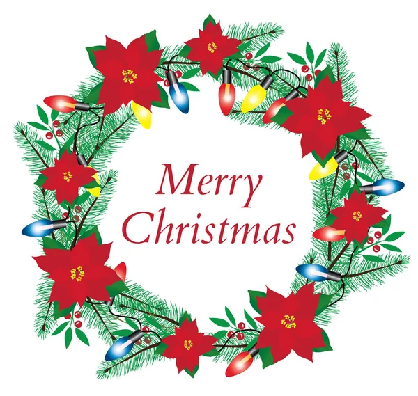 Illustration Vectorielle Couronne Noël Avec Poinsettias Lumières — Image vectorielle