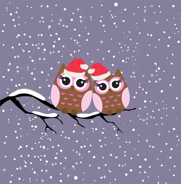 Vector Illustration Christmas Winter Owls Sitting Tree Branch Snow Background — Stock Vector