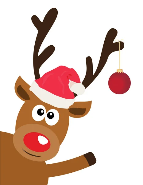 Vector Illustration Fun Christmas Reindeer Red Christmas Tree Ball — Stock Vector