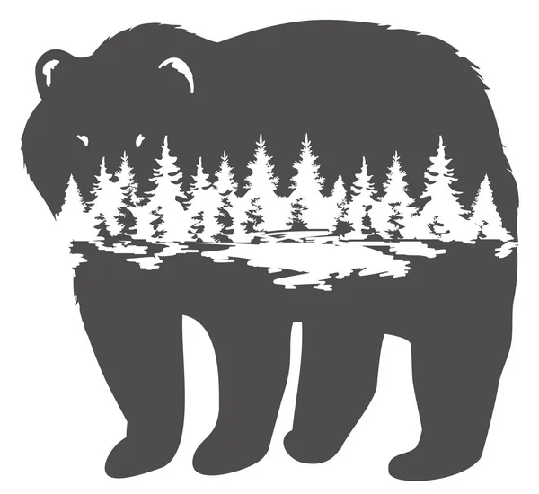 Illustrazione Vettoriale Una Silhouette Orso Con Foresta Sfondo Della Natura — Vettoriale Stock
