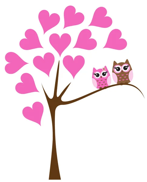 Ilustración Vectorial Búhos Balanceándose Árbol Árbol Con Corazones Rosados — Vector de stock