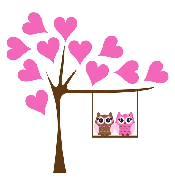 Ilustración Vectorial Búhos Balanceándose Árbol Árbol Con Corazones Rosados — Vector de stock