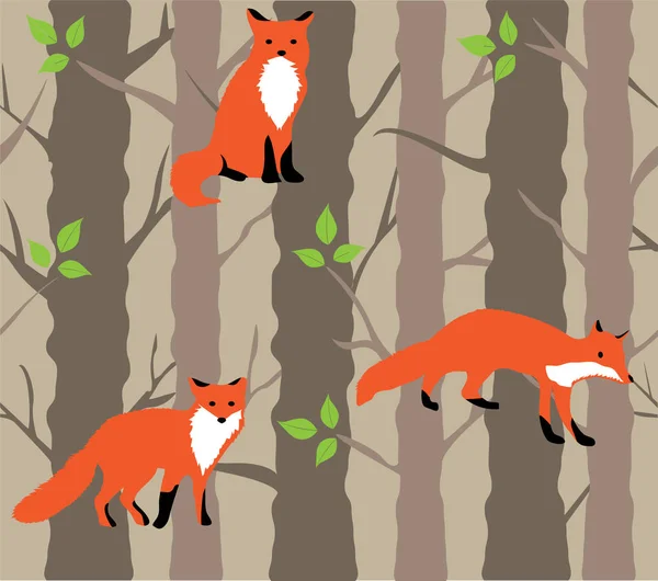 Vector Illustration Foxes Trees Nature Background — Stock Vector