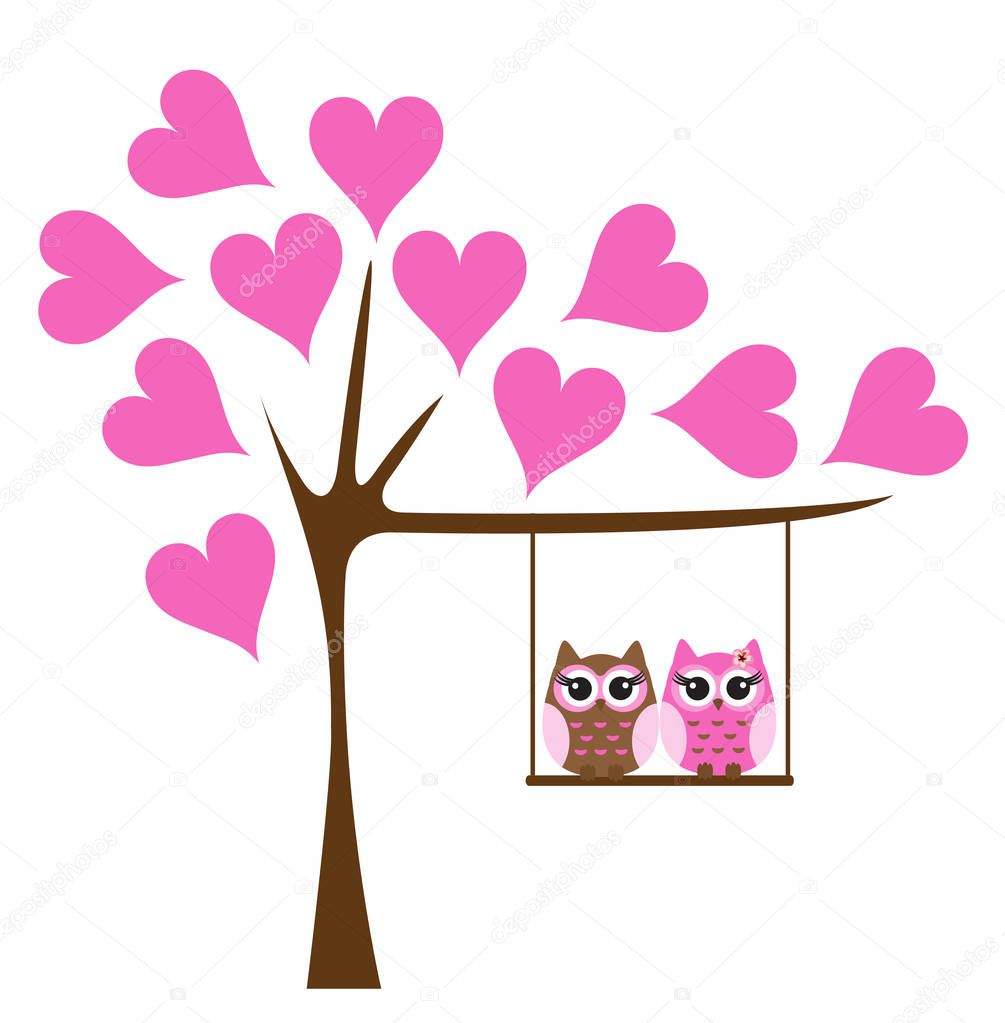 vector illustration of owls swinging in the tree. tree with pink hearts.