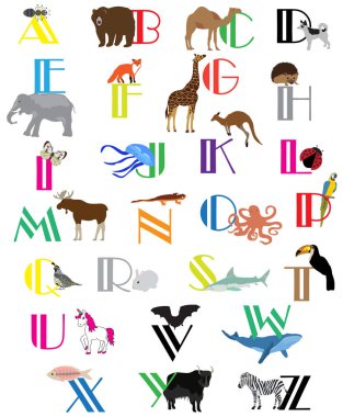 vektör çizim ile hayvanlar alfabesinde geçerli olan harfleri. 