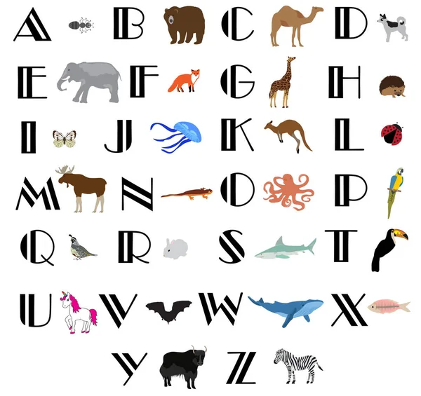 Illustration Vectorielle Lettres Alphabétiques Avec Des Animaux — Image vectorielle