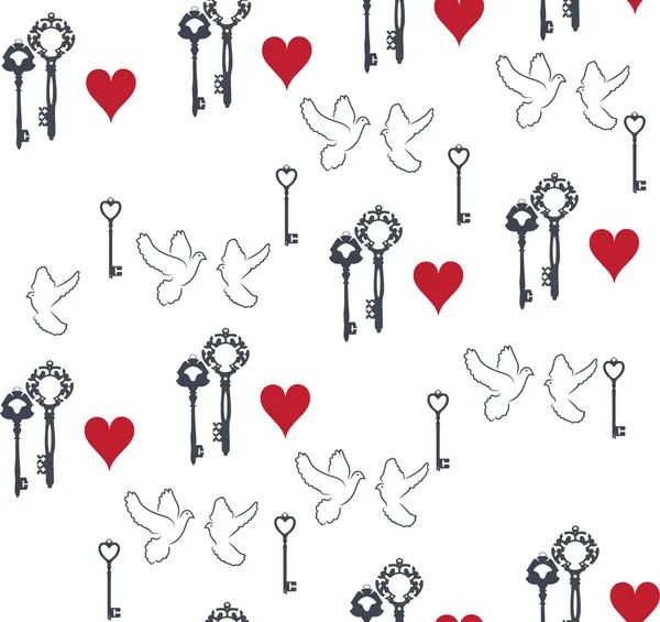 Ilustração Vetorial Fundo Sem Costura Valentine Com Chaves Pombas — Vetor de Stock