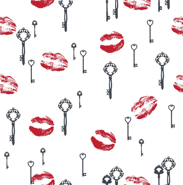 Illustration Vectorielle Fond Valentin Avec Clés Baisers Rouge Lèvres — Image vectorielle