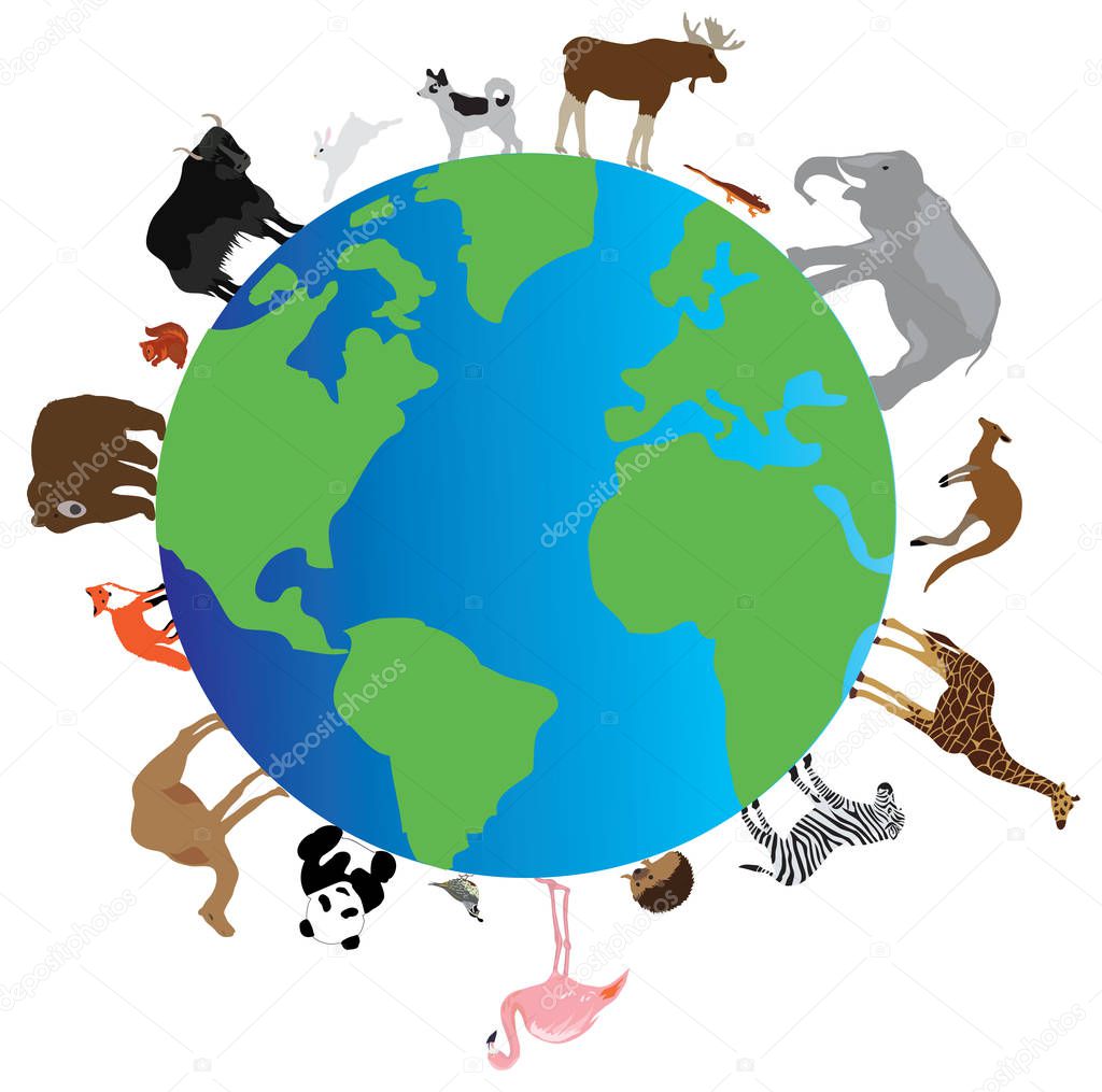 vector illustration of a planet Earth with animals walking around it.