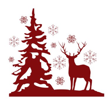 Kırmızı geyik, köknar ağacı, kar taneleri Noel arkaplanı.