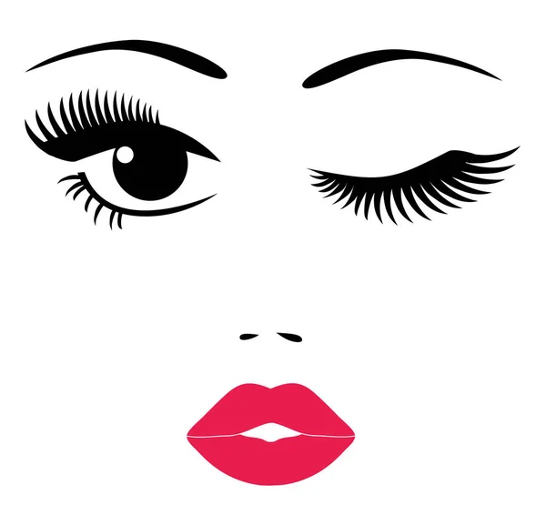 Vector Illustration Pretty Face Eyes Long Lashes Red Lips Isolated — Stock Vector