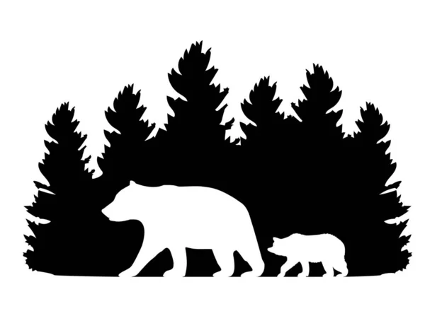 Vector Illustration Mama Bear Baby Bear Forest Silhouette Animals Wilderness — Stock Vector