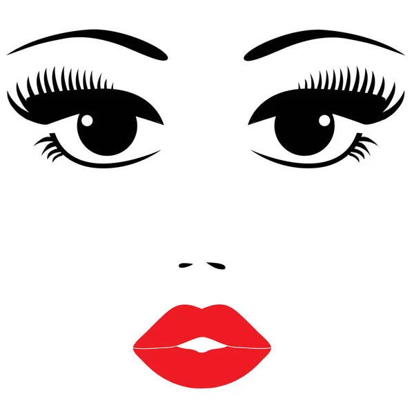 Illustration Vectorielle Joli Visage Yeux Cils Longs Lèvres Rouges Isolées — Image vectorielle