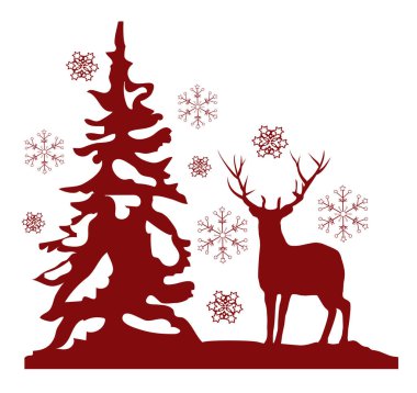 Üzerinde kırmızı bir geyik, kırmızı bir ağaç ve kar taneleri olan Noel kartlarının vektör çizimi.