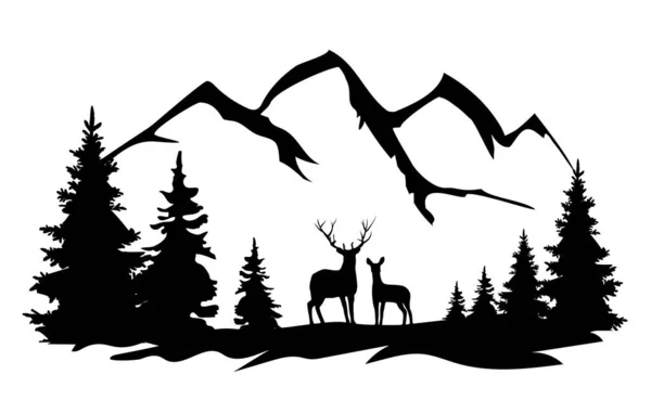 Illustration Vectorielle Nature Sauvage Silhouette Cerf Forêt Montagnes — Image vectorielle