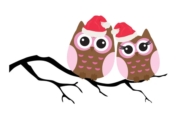 Vector Illustration Owls Santa Hats Branch Christmas Card Background — Stock Vector