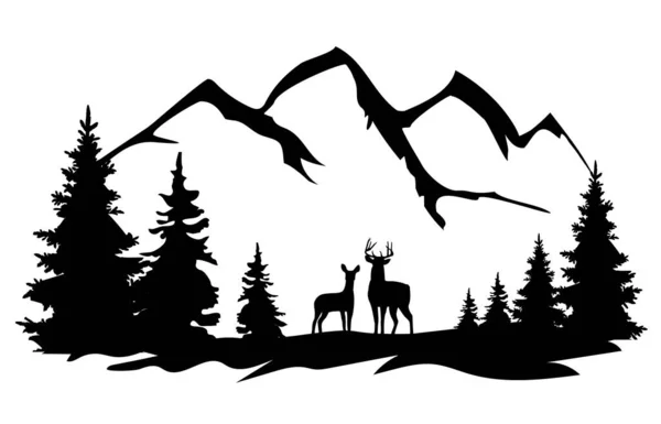 Vector Illustration Wilderness Deer Silhouette Forest Mountains — Stock Vector