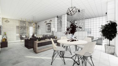 3D render modern daire yemek odası salon