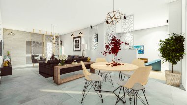 3D render modern daire yemek odası salon