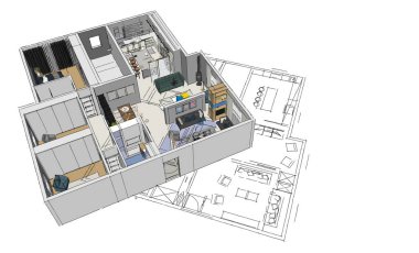 3D render modern daire ve planı