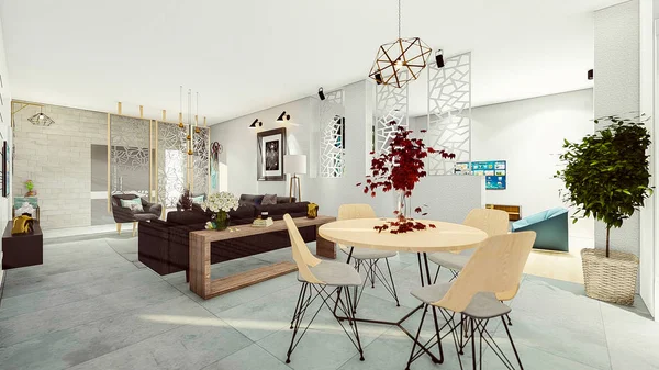 3D render modern daire yemek odası salon