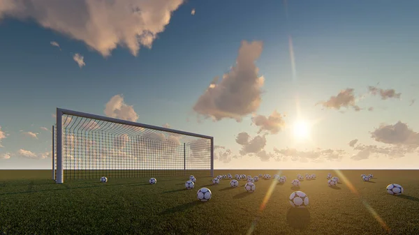 3d render Soccer ball sunrise and gate soccer