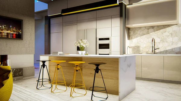 3D render modern interior of kitchen glass
