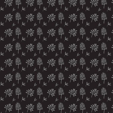 Dikişsiz desen arka plan. Dalları ve yaprakları. Siyah ve beyaz. Vektör çizim 