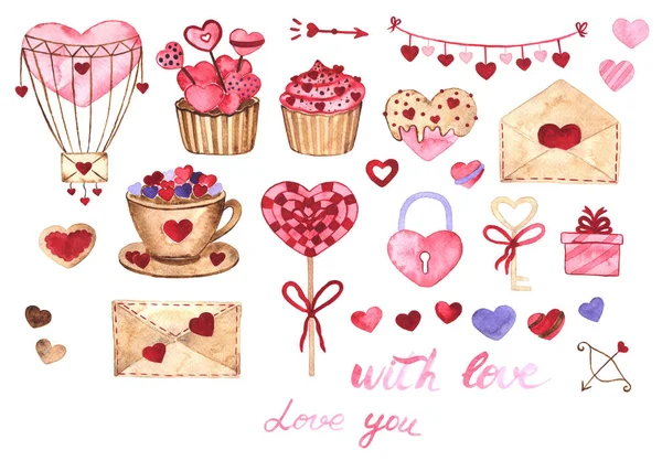 Suluboya unsurları Sevgililer günü için ayarlayın. Kalpler, tatlılar, balon, çelenk, hediyeler ve diğer tatlı öğeleri.