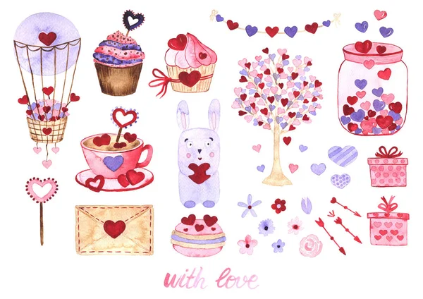 Watercolor Set Elements Valentine Day Hearts Sweets Balloon Garlands Gifts — Stock Photo, Image