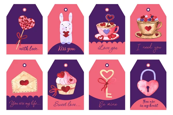 Étiquettes Cadeaux Pour Saint Valentin Aquarelle Illustration Dessinée Main — Photo