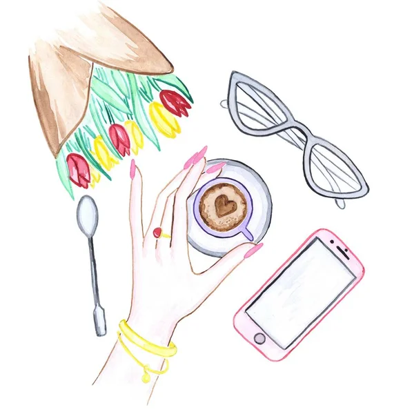 Akvarell Illustration Händer Blommor Kaffe Glasögon Och Telefon — Stockfoto