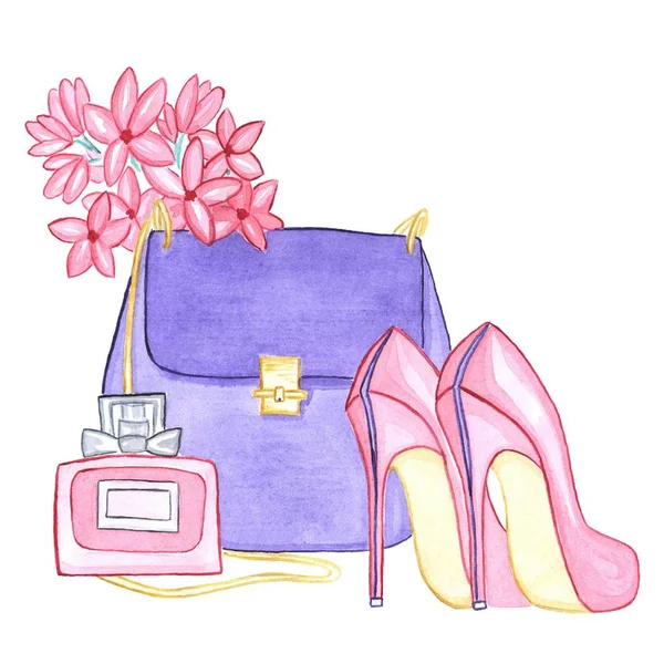Watercolor illustration of a bag, flowers, perfume and shoes. Hand drawn