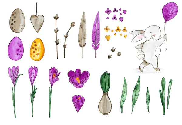 Aquarell Illustration Von Osterelementen Handgezeichnet Blumen Eier Leabes Hasen Und — Stockfoto