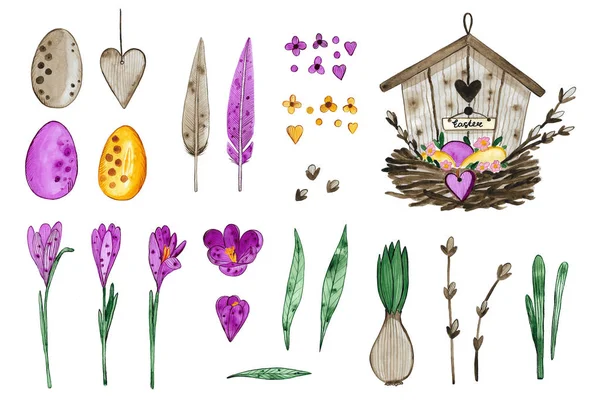 Watercolor illustration of Easter elements. Hand drawn. Flowers, eggs, leabes, bunnies and other elements. 