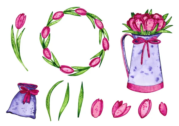 Illustrazione Acquerello Dei Tulipani Fiore Bordo Cornice Illustrazione Disegnata Mano — Foto Stock