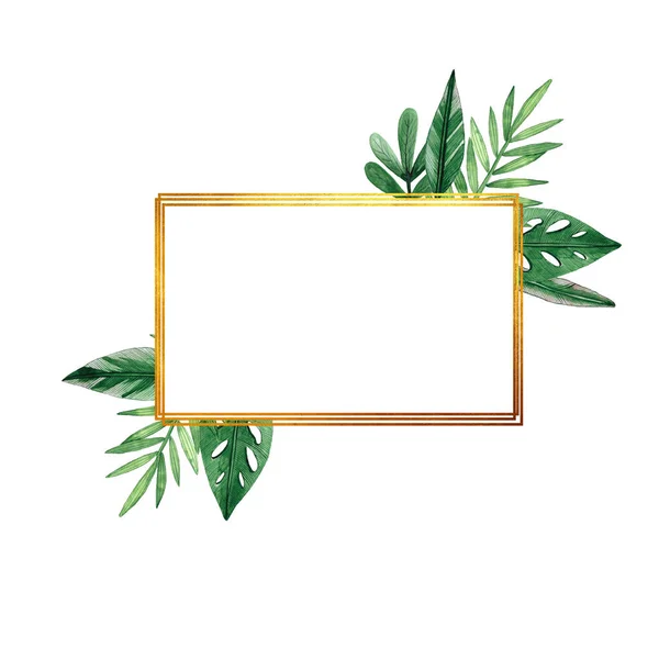 Suluboya botanik illüstrasyon. Sınır. Yeşil yaprakları. Elle çizilmiş illüstrasyon
