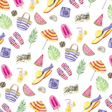 Tatil elemanlarının suluboya dikişsiz deseni. Yaz zamanı. Plaj tasarımı